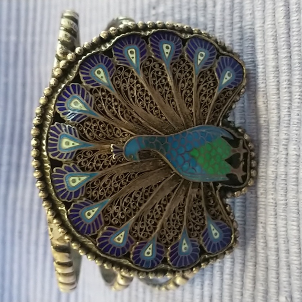 Sterling and enamel peacock cuff bracelet